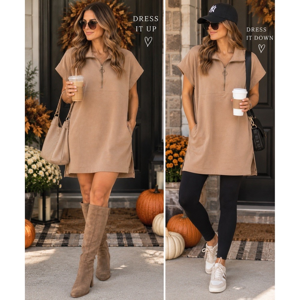 Entro Womens L Taupe Quarter Zip Tunic Mini Dress Ring Pull Pockets Oversized